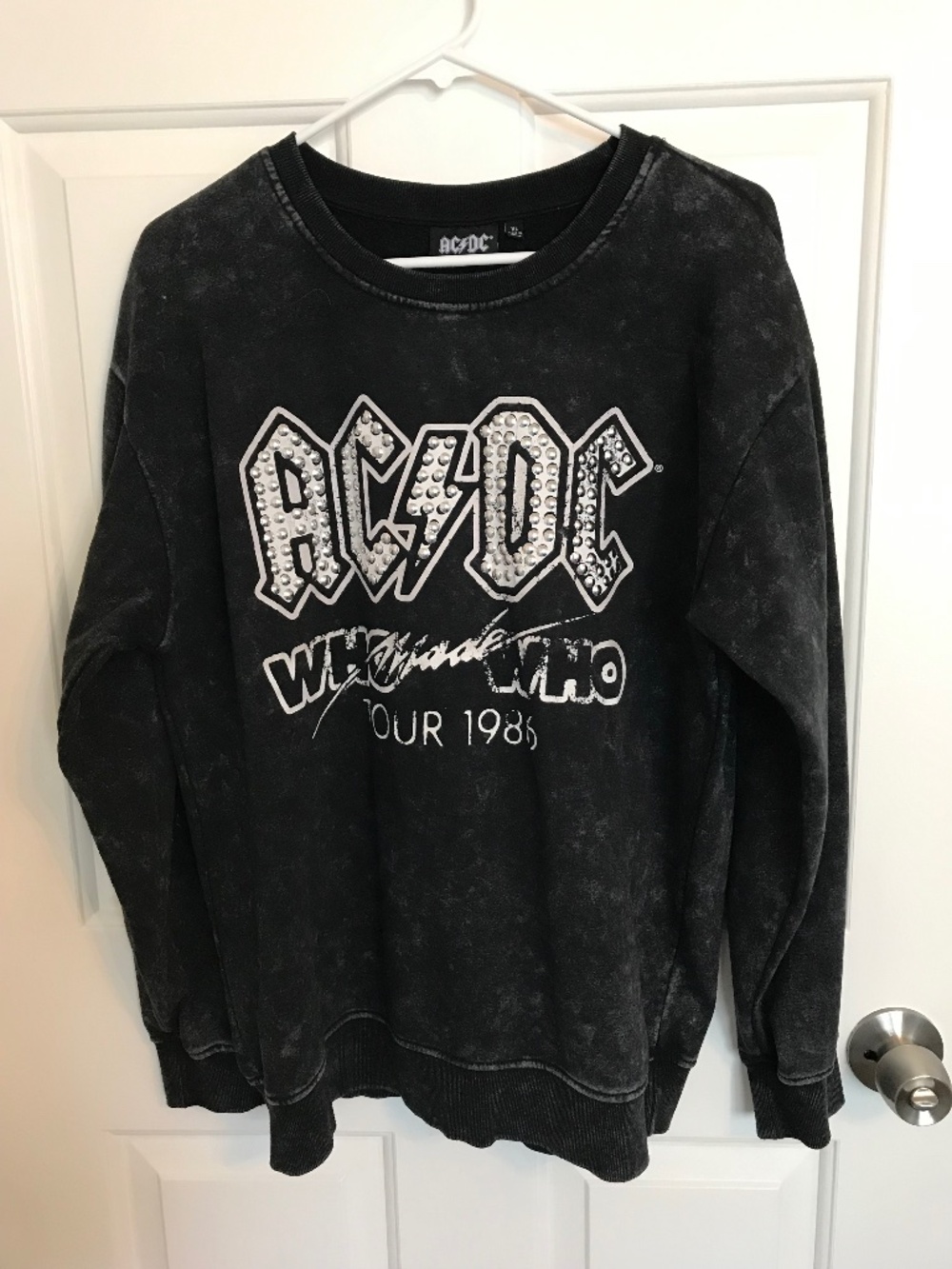 AC/DC Who Made Who Tour 1986 Embellished Graphics Acid Wash Black Sweatshirt XL